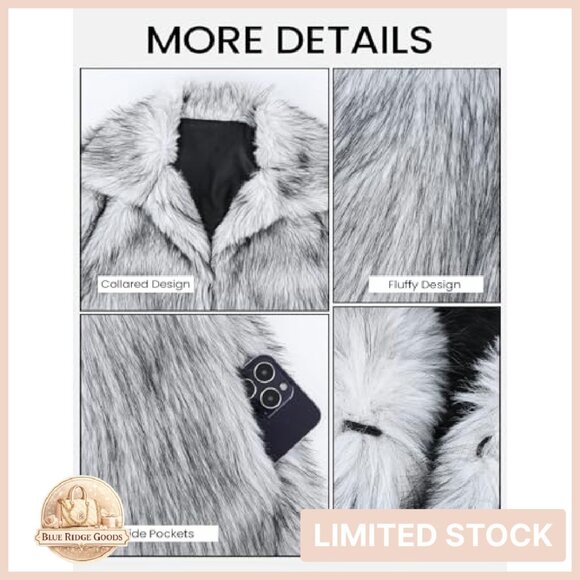 Faux Fur Jacket Lapel Fluffy Open Front Shaggy Winter Coat Elegant Chic - Picture 7 of 8